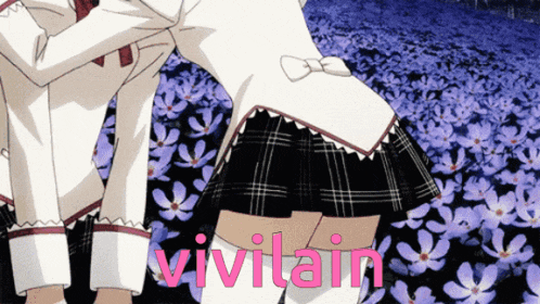 a girl in a plaid skirt is standing in a field of purple flowers and the word vivitain is visible