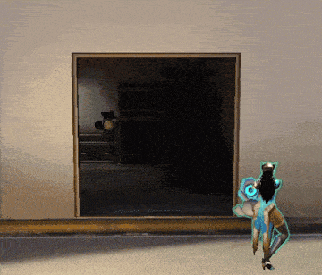 a video game character is standing in front of a doorway