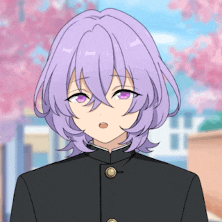 a boy with purple hair and purple eyes is wearing a black uniform