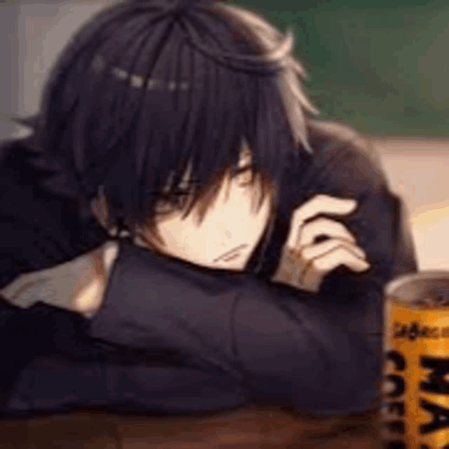 a black haired anime boy is sitting at a table with his head resting on his arm next to a can of soda .