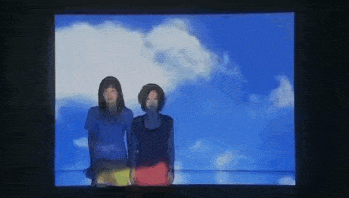 two women are standing next to each other in front of a blue sky on a television screen .