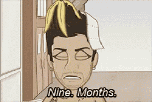 a cartoon of a man with a towel on his head and the words nine months