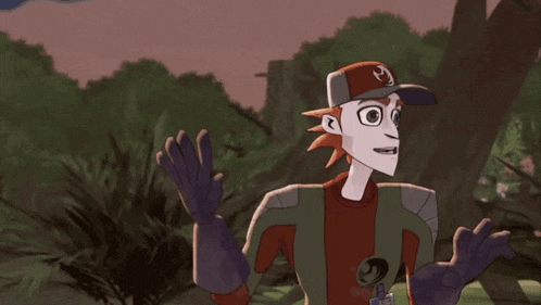 two cartoon characters are standing next to each other and one has a hat with a dragon on it