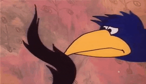 a cartoon bird with a black tail and a yellow beak is looking at something .