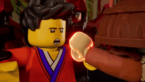 a lego figure with a purple kimono is holding a glowing fist