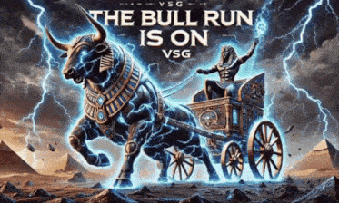 a bull pulling a chariot with the words the bull run is on vsg