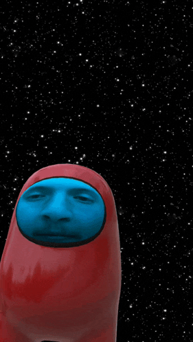 a red among us character with a blue face and a black background