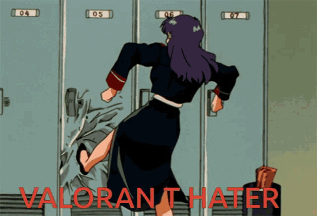 a picture of a woman in a locker with the words valorant hater