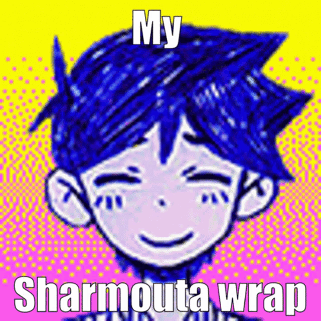 a drawing of a boy with blue hair and the words " my sharmouta wrap "