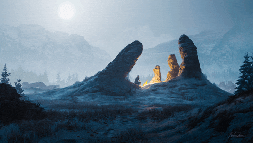 a painting of a man sitting at a campfire in the mountains with the letters r and t on the bottom right
