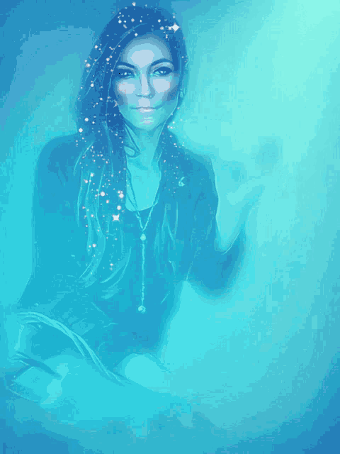 a painting of a woman in a black shirt with a blue background
