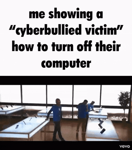a meme about a cyberbully victim showing how to turn off their computer