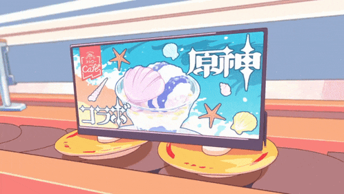 a tv with a picture of a bowl of ice cream and the word cafe on the bottom