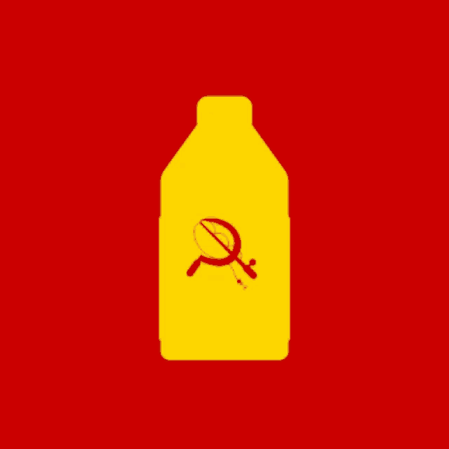 a yellow bottle with a red hammer and sickle on it on a red background