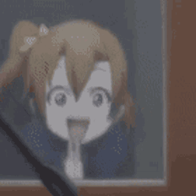 a cartoon girl is sticking her tongue out while looking out a window .