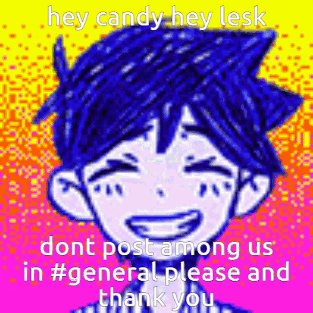 a cartoon of a boy with blue hair is smiling with a rainbow background .