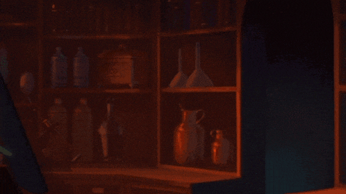 a bear in a green vest is standing in front of a shelf