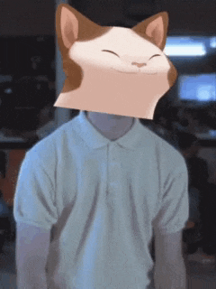 a man wearing a white polo shirt has a cat on his head