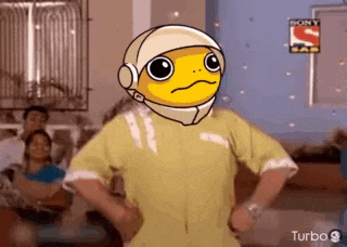a cartoon character wearing a helmet and headphones is standing with his hands on his hips in a room .