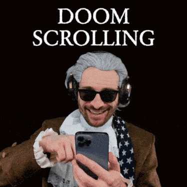 a man wearing a wig and sunglasses holds a cell phone in front of a sign that says " doom scrolling "