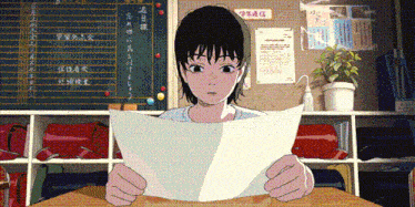 a girl is reading a piece of paper in front of a bulletin board with chinese writing on it