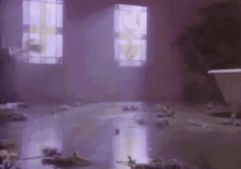 a purple room with a lot of flowers on the floor and stained glass windows .