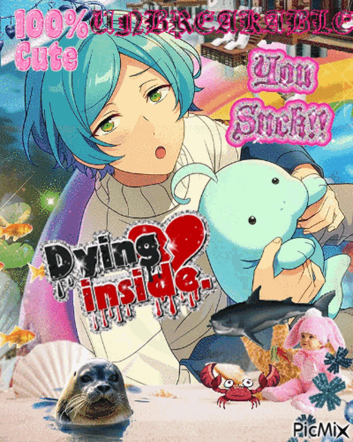 a picture of a girl holding a stuffed animal with the words " dying inside " on it