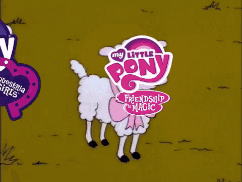 a couple of sheep standing next to each other with the my little pony logo on them