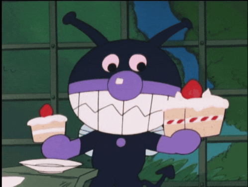 a cartoon character is holding a cake with strawberries on it