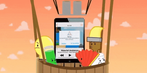 a cartoon illustration of a hot air balloon with a waterfall ambiance song on the screen