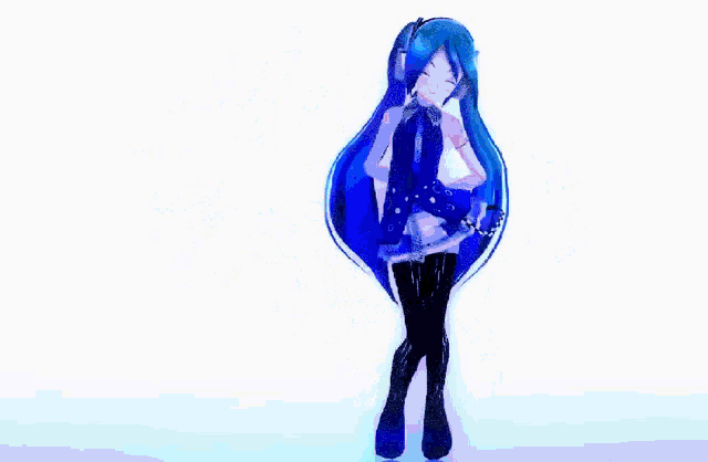 a girl with blue hair and black boots stands in front of a blue background