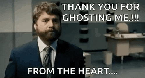 a man in a suit and tie is standing in an office and saying `` thank you for ghosting me from the heart . ''