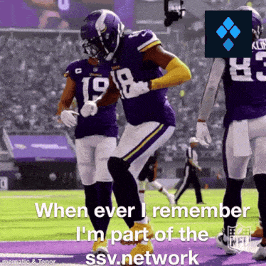 a football player in a purple uniform with the number 19 on it