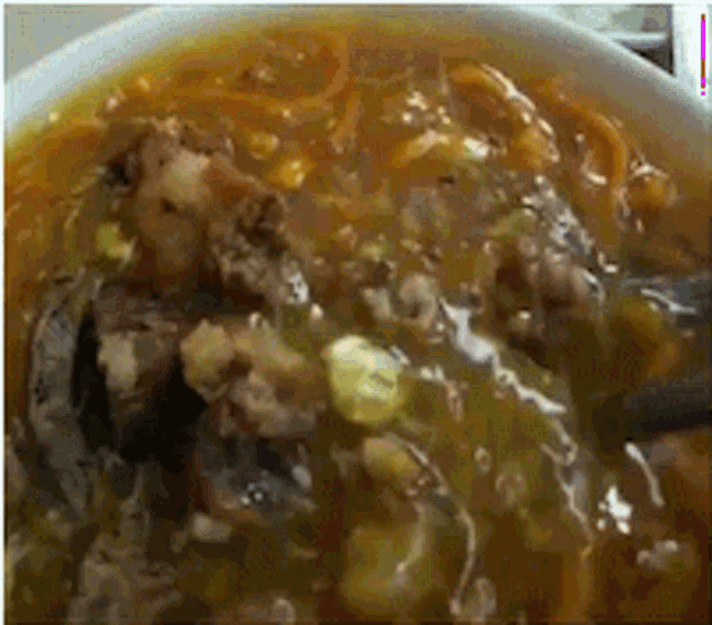 a bowl of soup with meat and noodles and a spoon in it