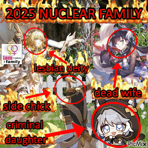 a picture of a nuclear family with a lesbian deity and a dead wife