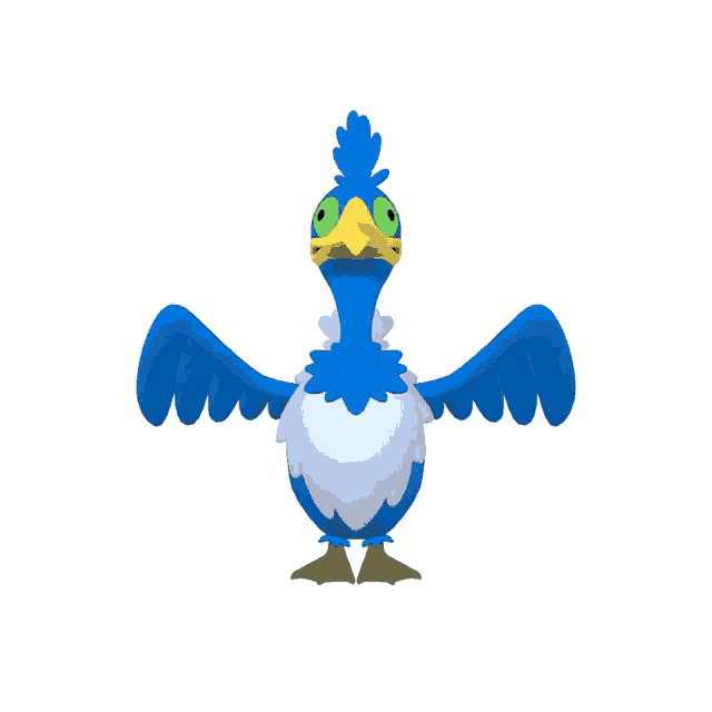 a blue and white bird with a yellow beak is standing on a white background