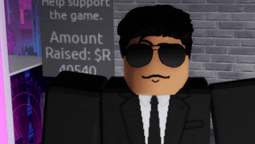 a man in a suit and tie is standing in front of a sign that says amount raised $ r 40540