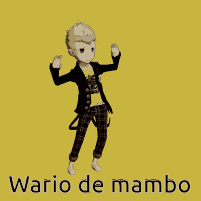 a cartoon character is dancing with the words wario de mambo written below him