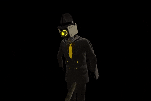 a man in a suit with a box on his head holding a rocket