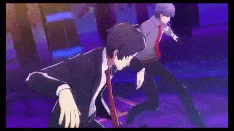 two men in suits and ties are dancing on a stage .