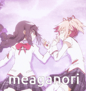 a purple background with two girls and the word meaganori on it