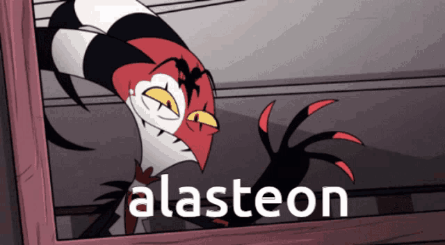a cartoon character is looking out a window and the word alasteon is on the bottom right