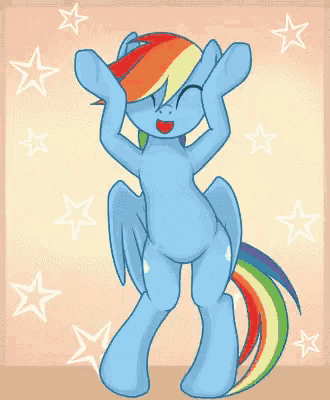 a blue pony with wings and a rainbow tail dancing