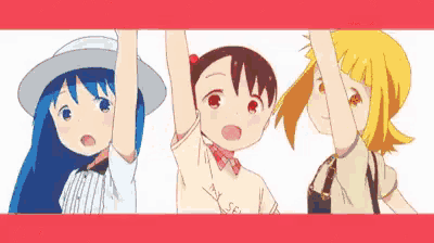 three anime girls are holding their arms up in the air .