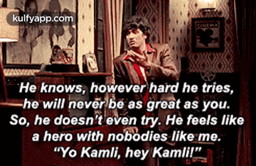a man in a suit and tie is standing in a living room with a quote from a movie .