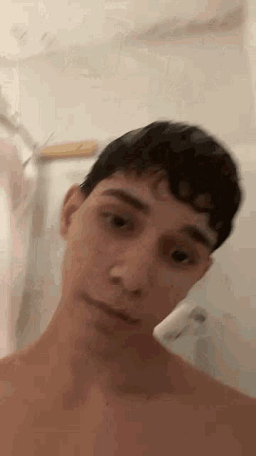 a shirtless man is taking a selfie in a bathroom .