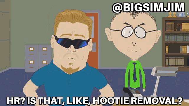 two cartoon characters standing next to each other with the caption " hr is that like hootie removal " above them