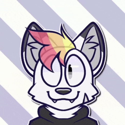 a cartoon drawing of a furry animal with a rainbow haircut and a black hoodie .