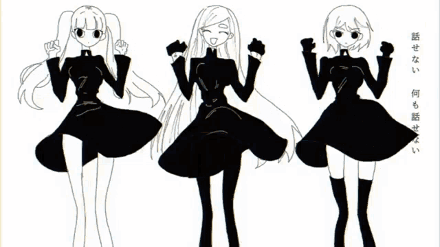 a black and white drawing of three girls with asian writing on the bottom