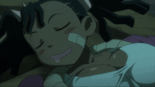 a girl with a bandage on her face is laying down